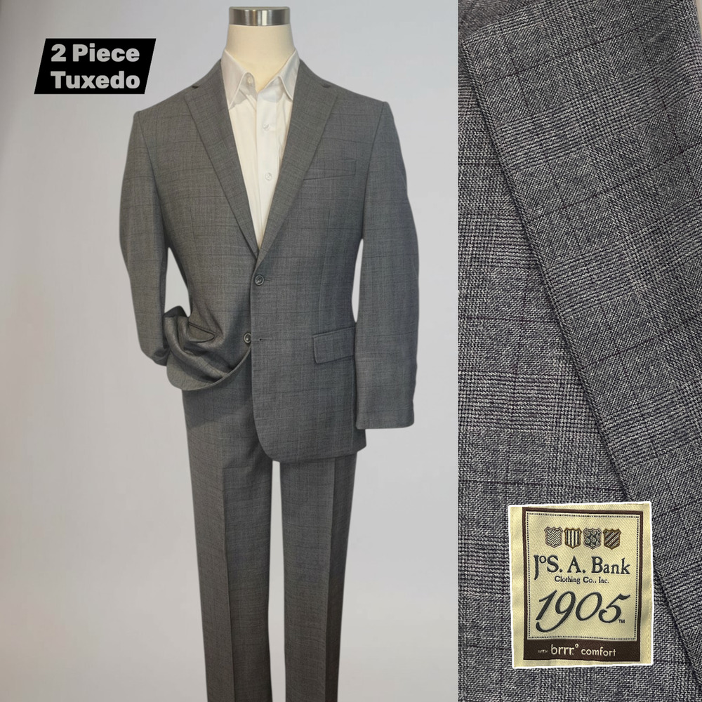 Jos A Bank 1905 Brrr Comfort 40-42R 32x30 Slim Gray Burgundy Glen Plaid Suit